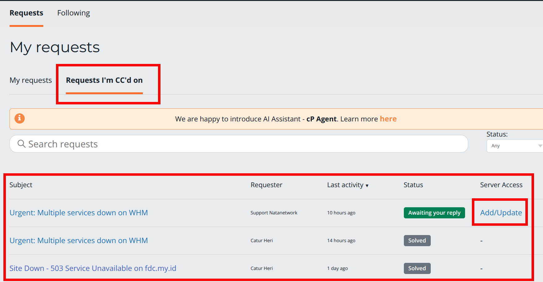 my request ticket cpanel