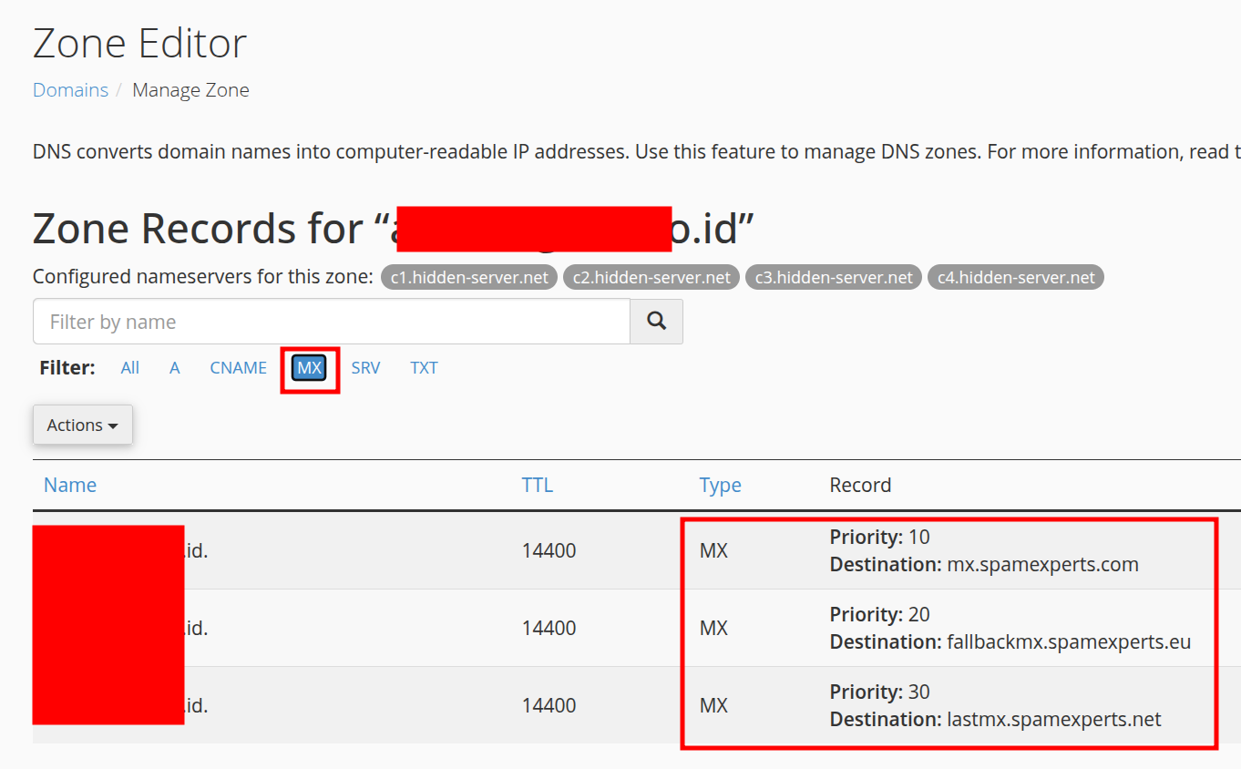 set MX record untuk spamexperts