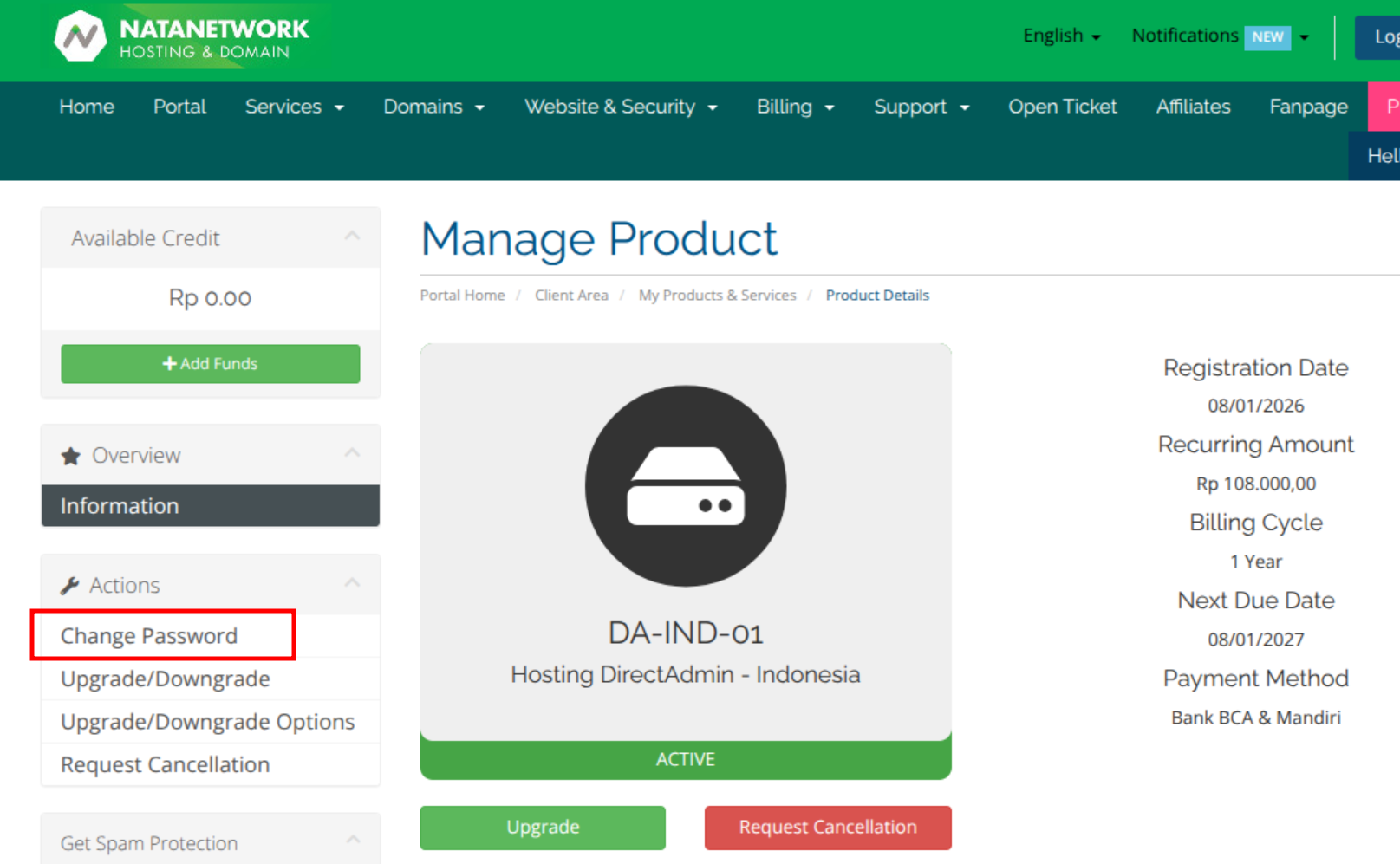 manage product directadmin